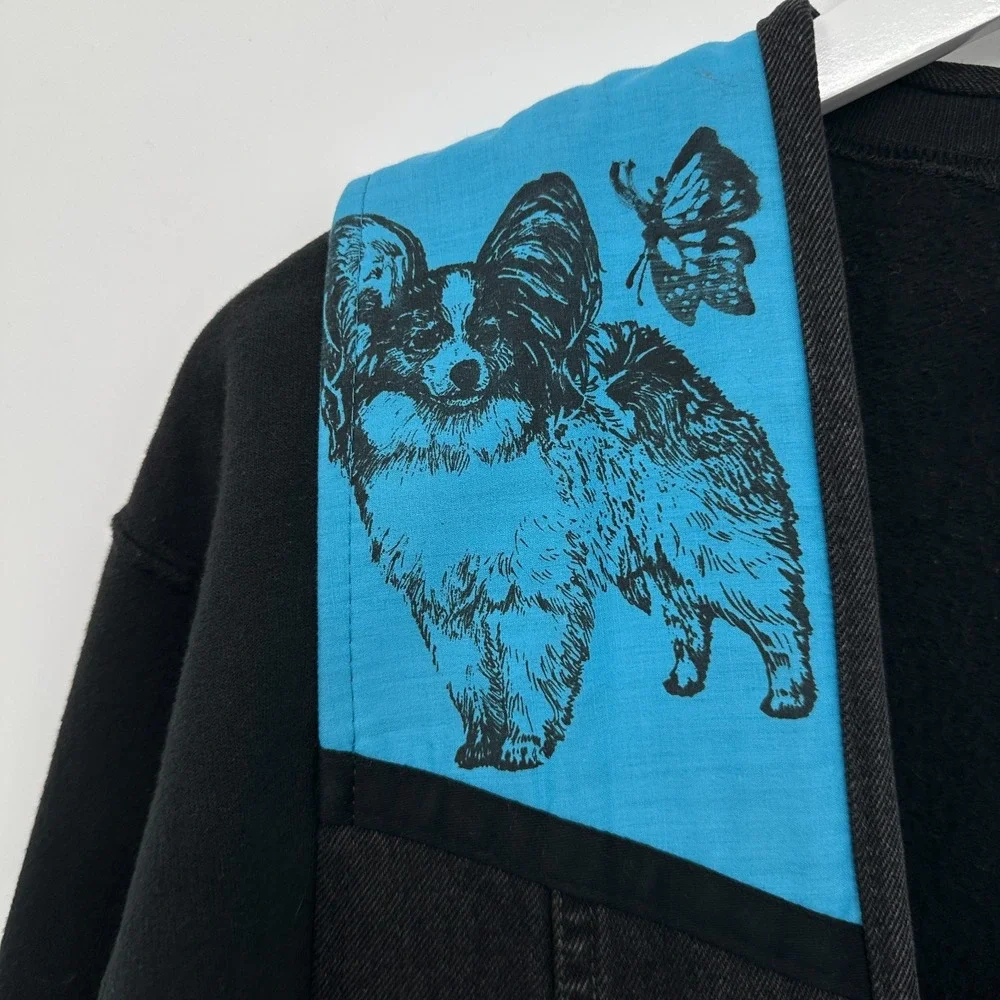 Vintage Upcycled Papillion Dog‎ Lover Jacket Size Small Fleece Denim Pockets
